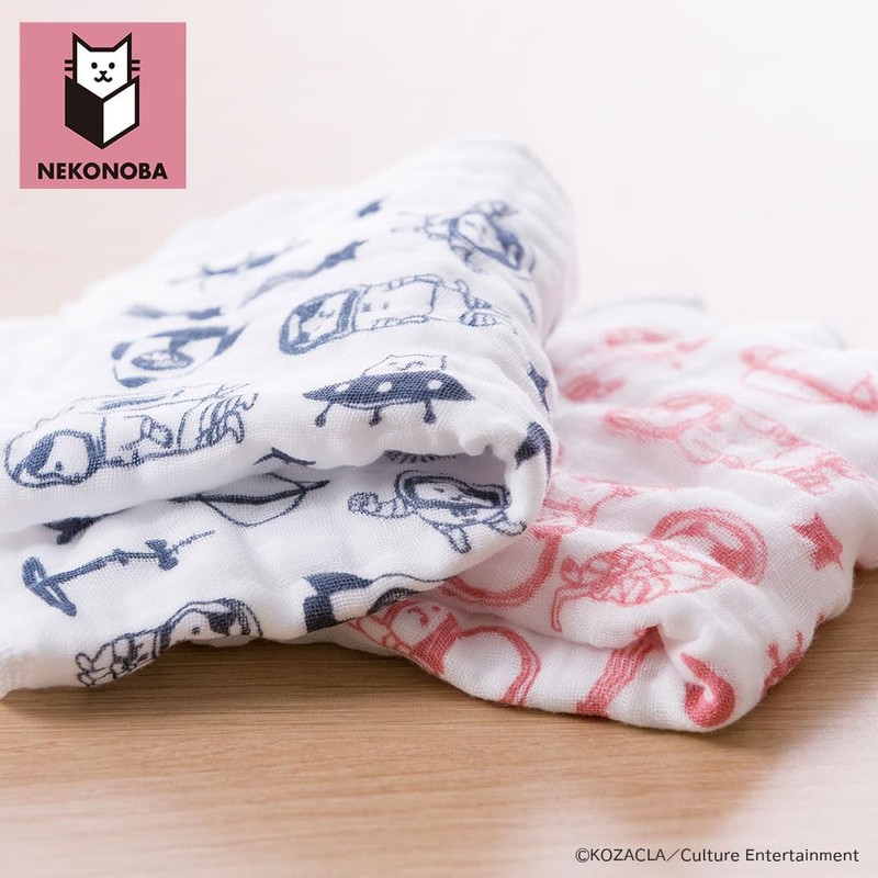 NEKONOBA Fluffy 8-ply Gauze Handkerchief, Set of 2, Wave Cat