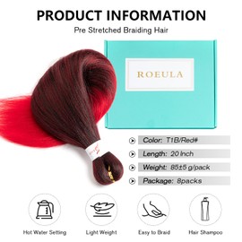 Roeula T1B/Red Pre Stretched Braiding Hair 20 Inch 8 Packs Ombre Black to Red Braiding Hair Pre Stretched Professional Prestretched Braiding Hair Synthetic (T1B/Red, 20 Inch (pack of 8))