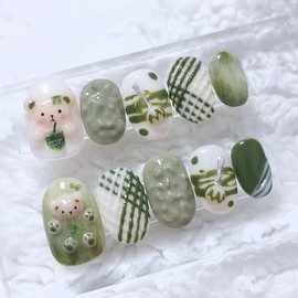 Matchanilla Bear Handmade Nail Tips - Long Ballerina / 말차닐라 곰돌 수제네일팁 - 롱발레리나