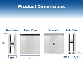 Shower Glass Clamp – Hole-in-Glass Fixed Panel U Clamps – Bathroom Door Hardware for 3/8"-1/2" (10-12 mm) Tempered Panel – Squared Design, Polished Chrome U Bracket