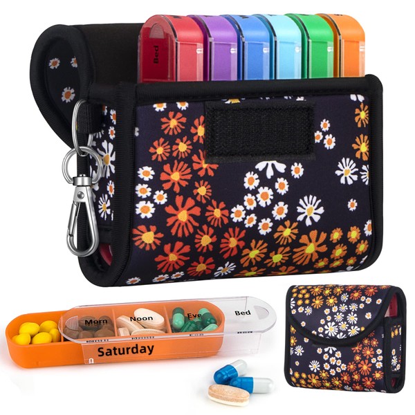bvya Pill Organizer Case, Weekly Travel Pill Case Medication Reminder Daily AM PM, Day Night 7 Compartments,for 4 Times A Day, 7 Days a Week-Includes Neoprene Carrying Case