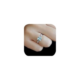 Art Deco Ring Created Blue Square Cut Aquamarine Solitaire CZ Wedding Band Promise Ring for Women Her 4CT 925 Sterling Silver Diamond Eternity Band Party Open Ring