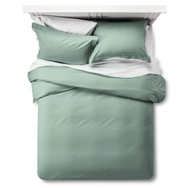 Feather & Stitch King Size Duvet Cover Set, 500 Thread Count Damask Stripe 3 Piece Duvet Insert Cover Set, 100% Pure Cotton Comforter Cover, 2 Pillow Shams, Zipper Closure - Granite Green