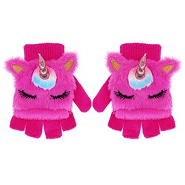 Kids Unicorn Flip Top Gloves with Mitten Cover Knitted Winter Fingerless Convertible Mittens for Boy Girls Toddler