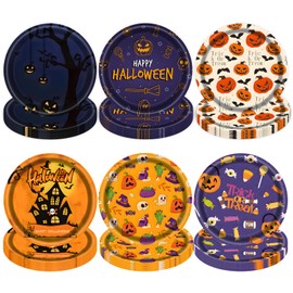 Xjoviative - 48 platos de papel de Halloween de 7 pulgadas, platos de fiesta de telaraña desechables para tartas y postres para decoraciones de fiesta de Halloween