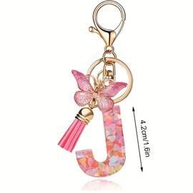 LUTAKU Keyring Girl Keyring with Initial Letters Pink Key Ring Butterfly Key Ring Letter, Pink-j
