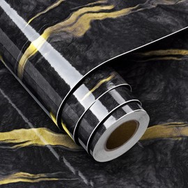FunStick 24"x200" Black and Gold Liquid Marble Countertop Contact Paper Waterproof Marble Wallpaper Peel and Stick Countertops for Kitchen Wallpaper Self Adhesive Marble Wall Paper for Cabinets Desk