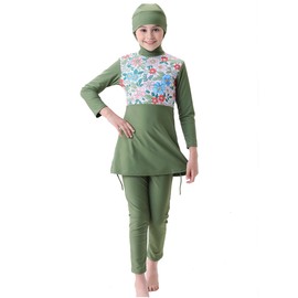 IMEKIS Girls Muslim Swimwear Modest Swimsuits Islamic Burkini Outfit Long Sleeve Swim Top Pants 2pcs Tankinis Swimming Costume Beachwear Bathing Suit Green 11-12 Years