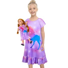 MHJY Doll and Girl Matching Nightgown Unicorn Outfit Princess Pajamas Sleepwear Dress for Girls & American 18" Dolls Clothes Purple