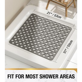 HITSLAM Square Shower Mat Non Slip Anti Mould, 53 x 53 cm Rubber Bath Mat for Tub Anti Slip, Bathroom Anti Slip Shower Mat With Suction Cups and Drain Holes, Machine Washable, Grey