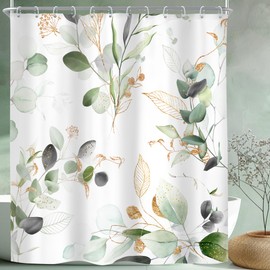 Riyidecor Sage Green Shower Curtain 60Wx72H, Eucalyptus Golden Leaves Spring Botanical Bathroom Curtains, Watercolor Farmhouse Farm Plants Shower Curtain Sets with 12 Hooks Ideal for Bathroom Decor