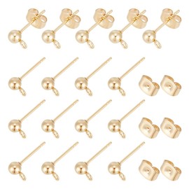UNICRAFTALE 100pcs(50 Pairs) 4mm Stainless Steel Stud Earrings Ear Stud Components Gold Plated Ball Post Earrings with Loop Ear Studs Jewelry Findings for Earring Making DIY 15x7mm