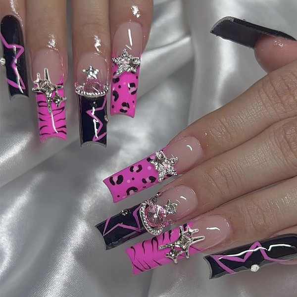 MISUD Press on Nails Long Square Fake Nails Glossy Glue