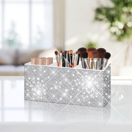 Bling Makeup Brush Holder Organizer, 3 Slot Sparkle Cosmetics Brushes Storage Holders with Shiny Crystal Rhinestones, Glitter Cute Pen and Pencil Holder for Desk, Eyeliners Display Case for Vanity