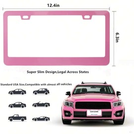 Fashion Slim Pink Matte License Plate Frames,Stainless Steel License Plate Covers,Weather Proof License Plate Holder for Women(Slim Pink,2PCS)