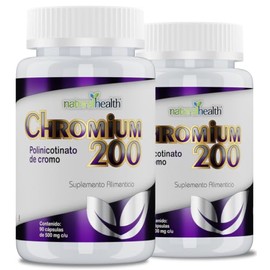 Natural Health Chromium 200  Polinicotinato de Cromo, Suplemento Alimenticio en Cápsulas, Paquete de 2 Frascos con 90 Cápsulas de 500 mg cu           