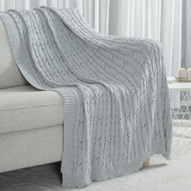 Carriediosa Cable Knit Throw Blanket Soft Textured Lightweight Farmhouse Decorative Throws Summer Knitted Woven Chenille Blankets for Couch Chair Bed Sofa, 60" X 80" Twin Size Light Grey