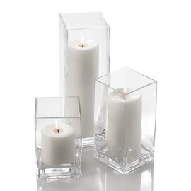 Richland Set of 3 Glass Eastland Square Vases & 3 White Pillar Candles