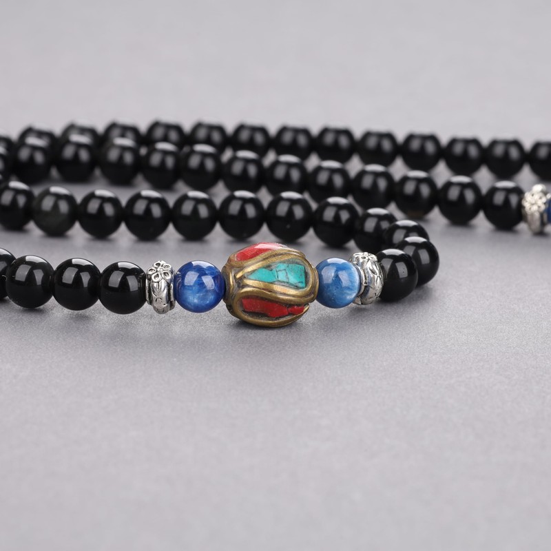 coai® 108 Beads Multilayer Blue Kyanite and Obsidian Malas Prayer