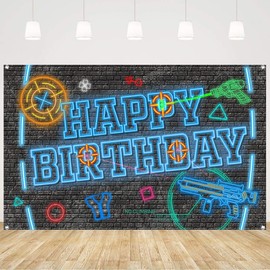 Laser Tag Gun Happy Birthday Backdrops Banner Gaming Backgrounds for Boys Kids Birthday Decorations Neon Glow Party Photography Props