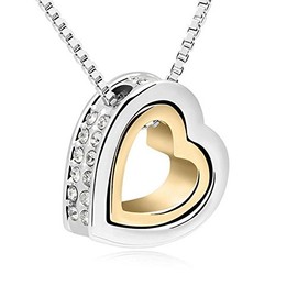 Bungsa Women's Necklace 45 cm Silver Gold Heart Necklace with Engraving Love You Forever - Two-Tone Open Heart-Shaped Pendant with Clear Rhinestone - Chain Women Love - Heart Necklace Love, Brass,