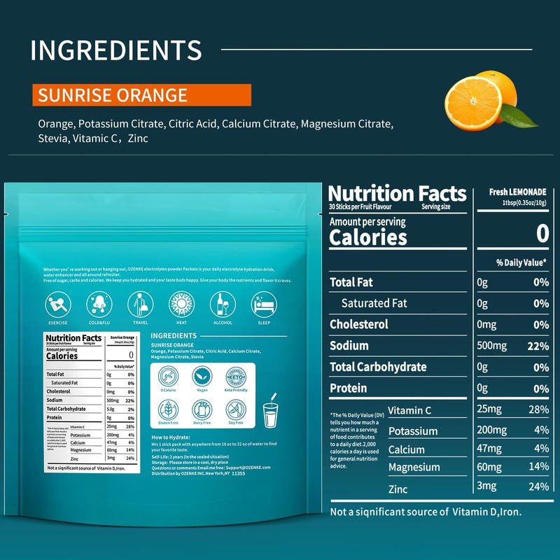 OZENKE Electrolytes Powder Packets, 30 Sticks Hydration Packets Sugar Free,