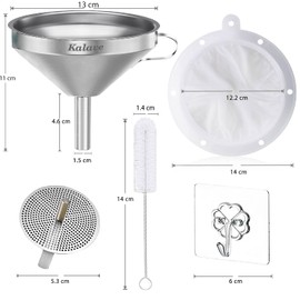 Kalave Premium Stainless Steel Funnel, 13cm Food Grade Kitchen Funnels with 200 Mesh Food Filter Strainer, Metal Funnel for Filling Bottles, Food Funnel for Oils, Juice, Wine, Coffee, Tea, Milk, Jam