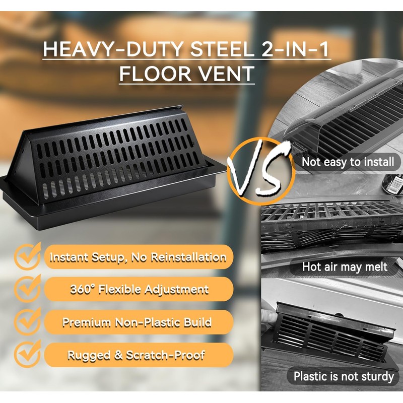 4x12 Floor Register and Vent Deflector Combo, Solid Steel 2-in-1