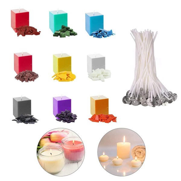 Candle Colours, Candle Pouring Dye, 9 Colours x 5 g Candle Wax Colours, 50 Pieces with Candle Wicks, Candle Wax Colour Set, DIY Candle Making Wax Colours, Soy Candle Wax for Colouring Candles