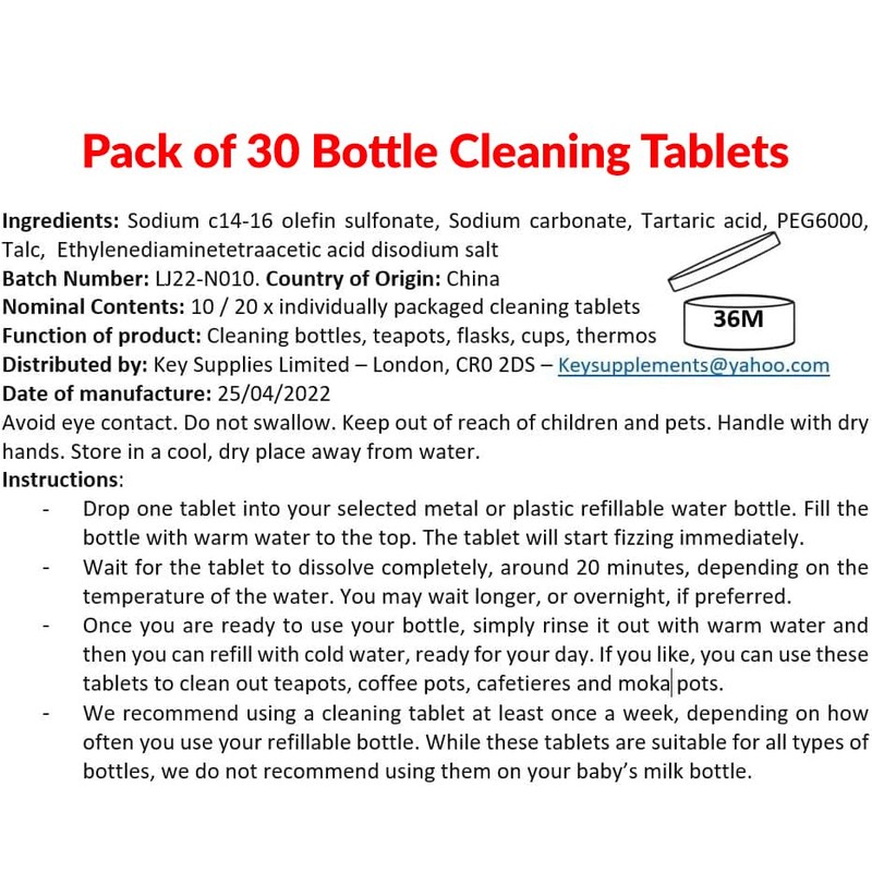 Bottle Cleaning Tablets Pack of 30. Effervescent Eco Dissolving Tabs