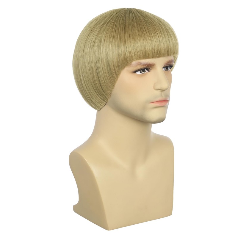 Men Short Straight Blonde Wig Bowl Cut Funny Mushroom Wig