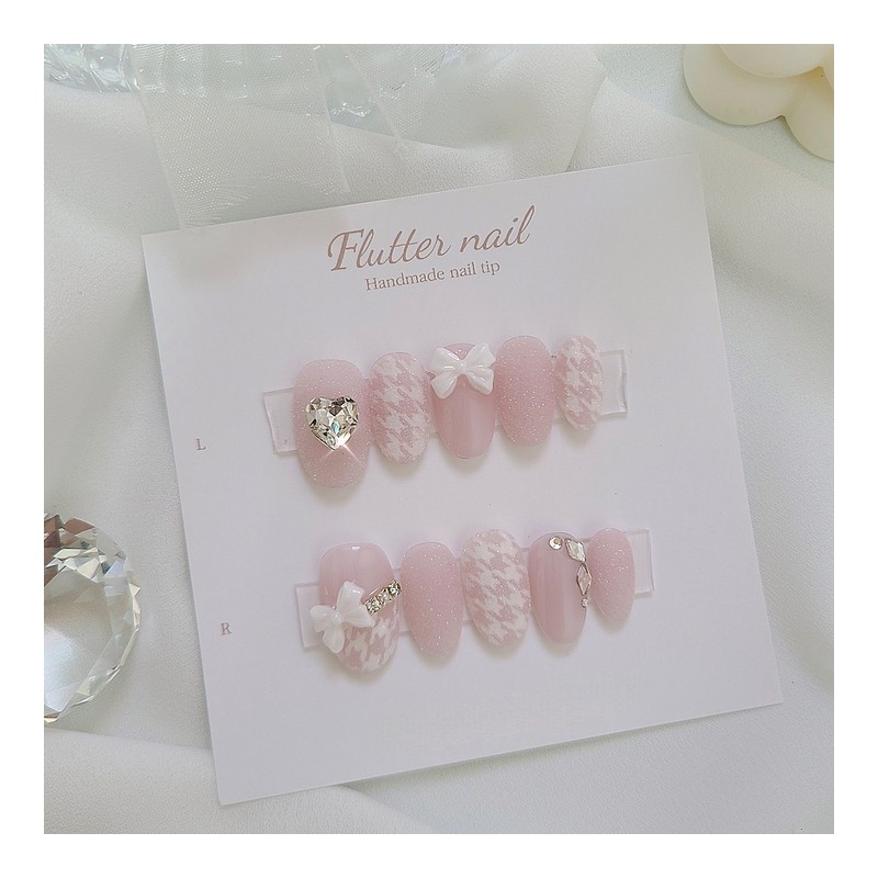 Lovely Hound Check Ribbon Handmade Nail Tips - Mediaval /