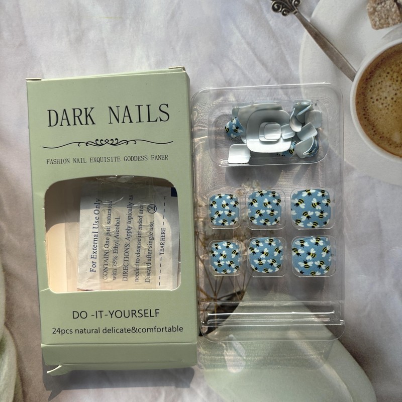 Spring Press on Toe Nails Blue Fake Toenails with Yellow