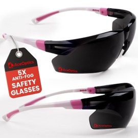 Aceoptics Safety Sunglasses for Men & Women - ANSI Z87 Certified Protective Eyewear w/ClearShield Anti-Fog, Adjustable - Includes Strap, Hard Case, Pouch & Cleaning Cloth - Pink & White/Tinted