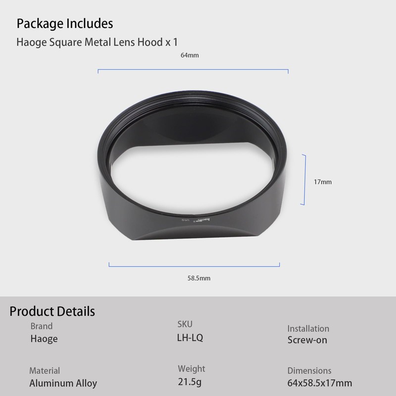 Haoge Metal Square Lens Hood for Leica Q3 Q3-43 Camera