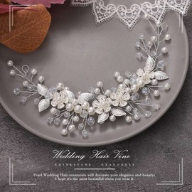 Heread Flower Bride Wedding Hair Vine Silver Pearl Bridal Headpiece Rhinestones Headband Hair Accessories for Women and Girls