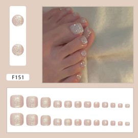 24 Pcs Silver Glitter Press on Toenails Short Square - Summer Cute Fake Toe Nails Nude Pink Fake Toenails Full Cover Acrylic Toe Nails Press ons with Nail File Stick Jelly Glue on Nails Kit for Women