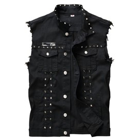 DSDZ Men's Punk Denim Vest Sleeveless Jean Jackets With Rivets Black L US S