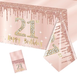 EVYIENEN 21th Rose Gold Birthday Table Cloth,137x274cm 21th Party Table Decorations Plastic Disposable Rectangular Table Cover for Women Birthday Gifts Party Decor