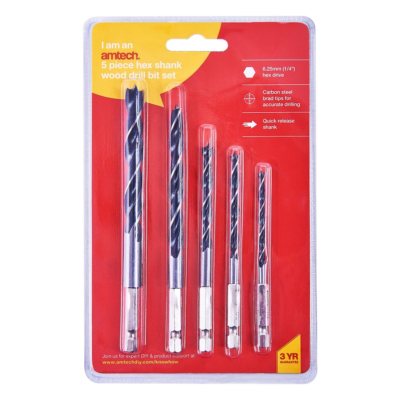 Amtech F1735 5 Piece hex shank wood drill bit set
