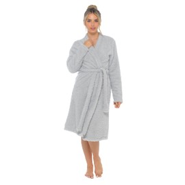 Womens Luxury Teddy Bear Fleece Long Cardigan Robe + Belt Ladies Dressing Gown Grey S/UK 8-10