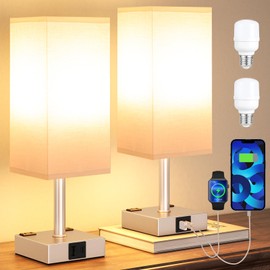 aooshine Light Gold Touch Lamps Set of 2 - Nightstand Lamp with USB-C + A Charge Ports & AC Outlets, 3-Way Dimmable Bedside Lamp, Small Table Lamp Light for Bedroom (Bulb Included)
