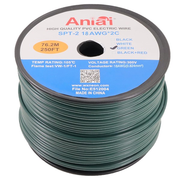 Aniai Low Voltage Landscape Wire,UL List 18/2 Electrical Wire,for Light and Lamp Extension Cable (250ft-SPT2-18AWG, Green)
