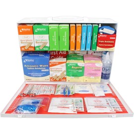 OSHA & ANSI 2 Shelf Industrial First Aid Cabinet with Pocket Liner, 75 Person, 562 Pieces, 2015 Class B+, Types I & II, Made in USA by Urgent First Aid™ with Extra Content & New ANSI First Aid Guide