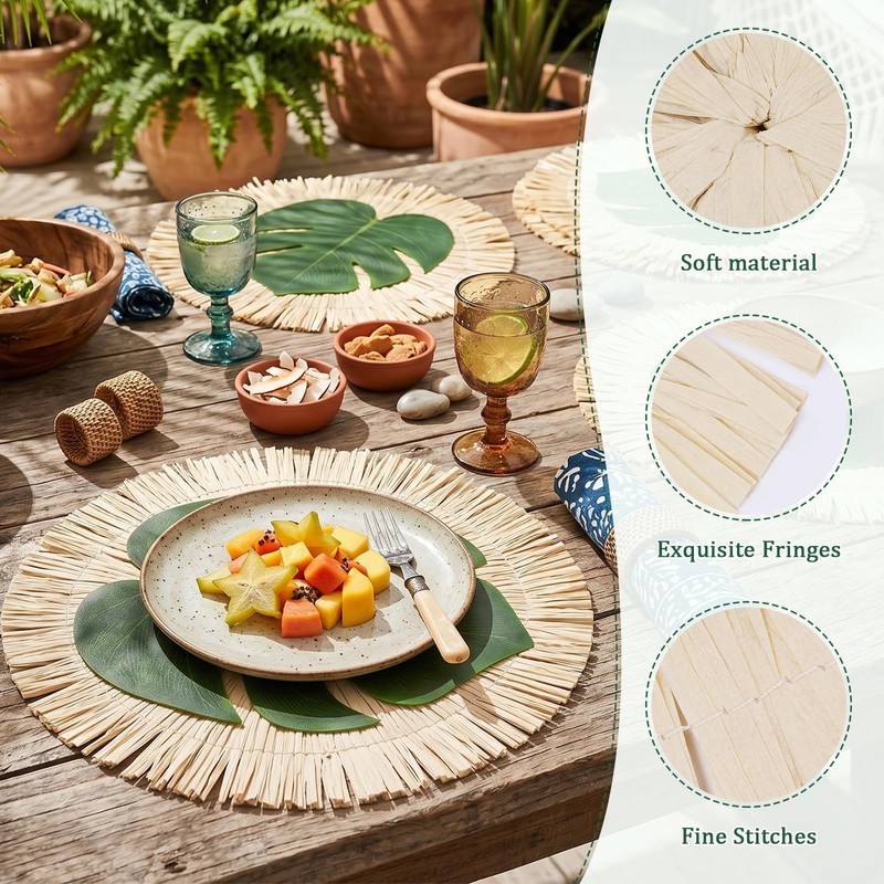 12Pcs Placemats and Palm Placemat, Green Straw Leaf Table Mat,