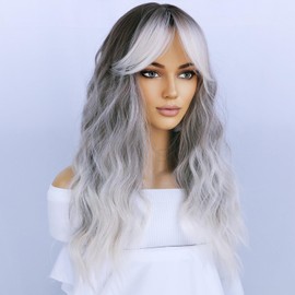 BERON Silver Ombre Wigs Long Wavy Women Wigs with Bangs Silver Grey Curly Heat Resistant Synthetic Wigs for Daily Wig Cap Included
