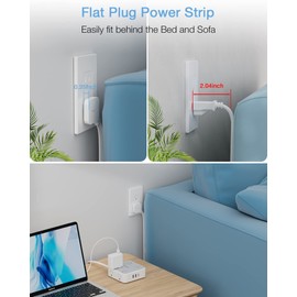 Flat Plug Power Bar with USB C, TESSAN 5 Ft Extension Cord Indoor with 8 Multi Outlets and 3 USB (1 USB C), Surge Protector Power Strip, Wall Mount Charging Station for Home Office Dorm, Gray