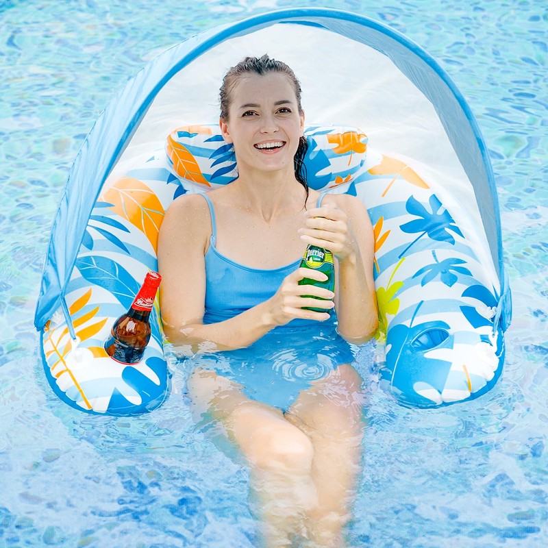 LAYCOL Adult Inflatable Pool Chair with Canopy, Ergonomic Headrest, Cup