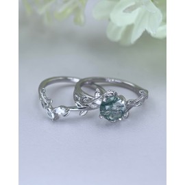 Wasee Natural Moss Agate Ring Set 925 Sterling Silver Green Round Moss Agate Engagement Ring Wedding Promise Ring Jewelry for Women,Ring Size 9
