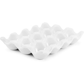 Ceramic 12 Cups Egg Tray - 1 Dozen Porcelain Egg Holder Container Keeper Storage Organizer Decorative Serving Dish Plate for Refrigerator Fridge Countertop Display Kitchen Home (White 12 Eggs)